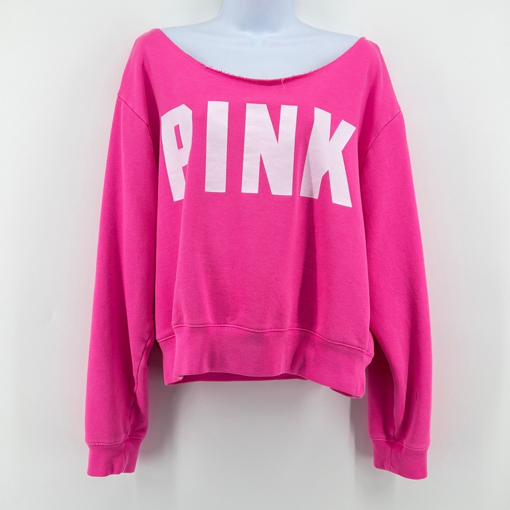 PINK Victoria's Secret XL Hot Pink Spell Out Raw Neck Cropped Fleece Sweatshirt